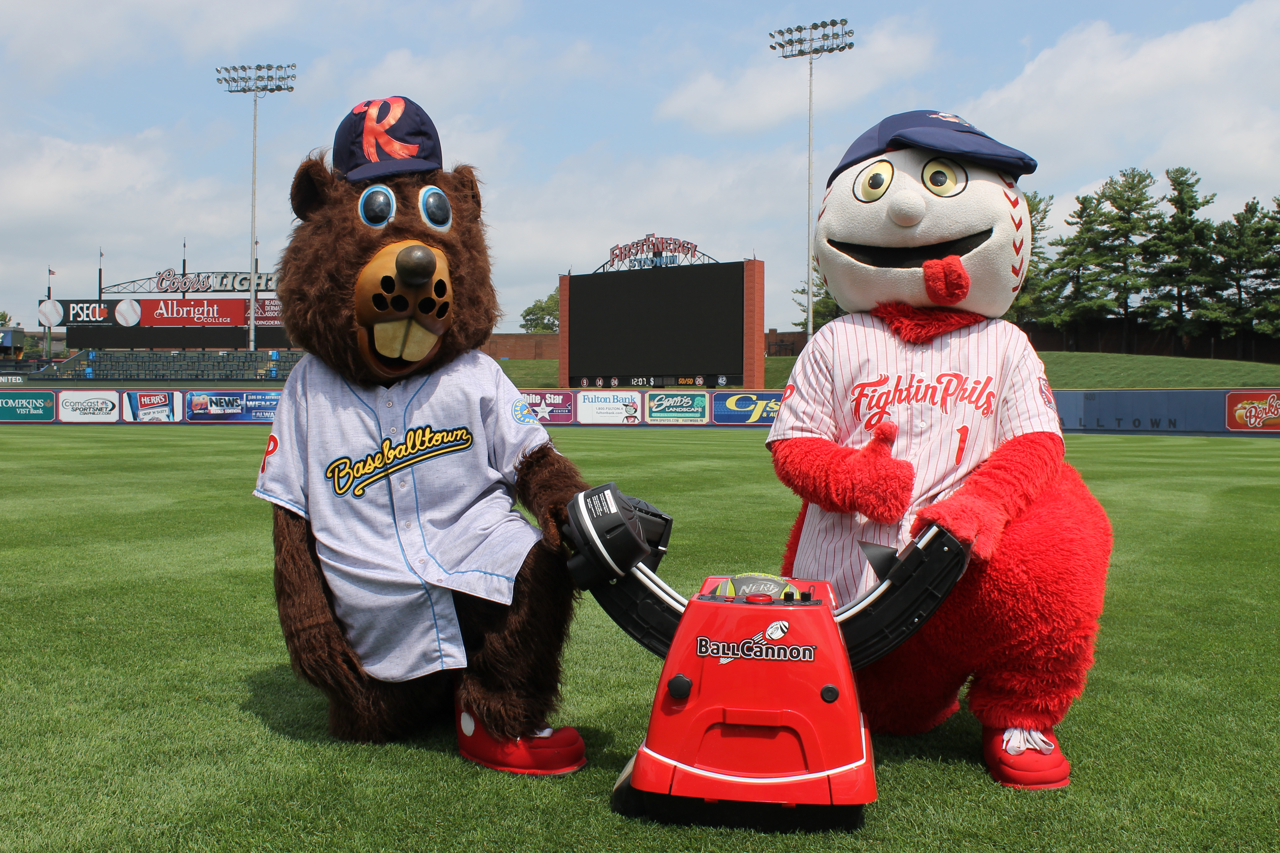 Fightin Phils Bucky and Screwball with the Ball Cannon!
